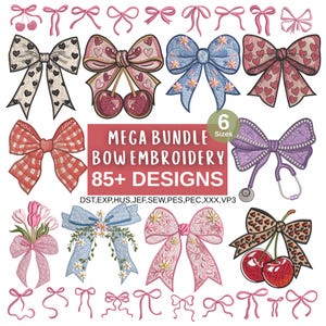 Puede incluir: Una colección de diseños de lazos bordados en varios estilos y colores, incluyendo lazos con corazones, cerezas y detalles florales. La imagen incluye el texto "MEGA BUNDLE BOW EMBROIDERY 85+ DESIGNS".