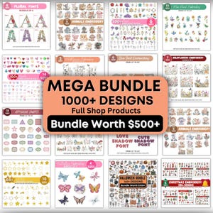 Könnte beinhalten: Eine Collage von Bildern, die ein Mega-Paket mit über 1000 Stickmotiven für die Maschinenstickerei zeigt. Das Paket enthält eine Vielzahl von Designs, darunter florale Schriften, Tiere, Herzen, Applikationsformen, Schmetterlinge, Halloween-Designs und Weihnachtsdesigns. Der Text "MEGA BUNDLE 1000+ DESIGNS" wird in großen, fetten Buchstaben angezeigt.