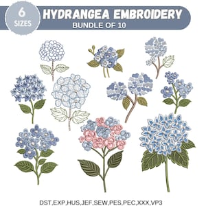 Puede incluir: Un paquete de 10 diseños de bordado con hortensias en varios tonos de azul y rosa. Los diseños son perfectos para crear hermosos proyectos de bordado.