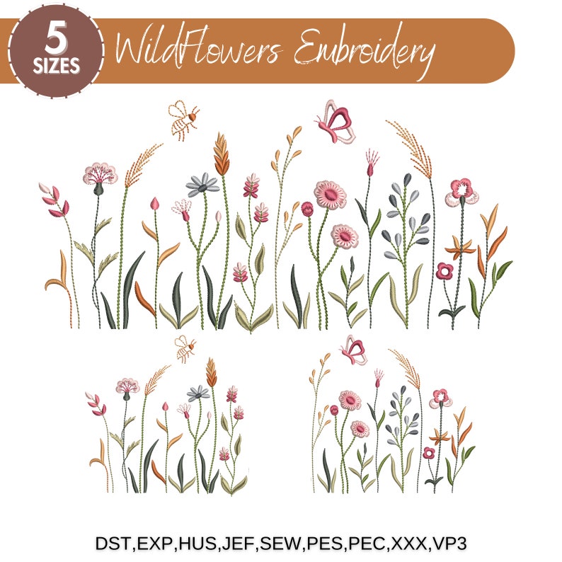 Wildblumen Wiese, Maschinenstickerei, Cottagecore Wildblumen, Boho Blumen, Wildblumen Stickerei Bundle, 5 Größen, Instant Download Bild 3