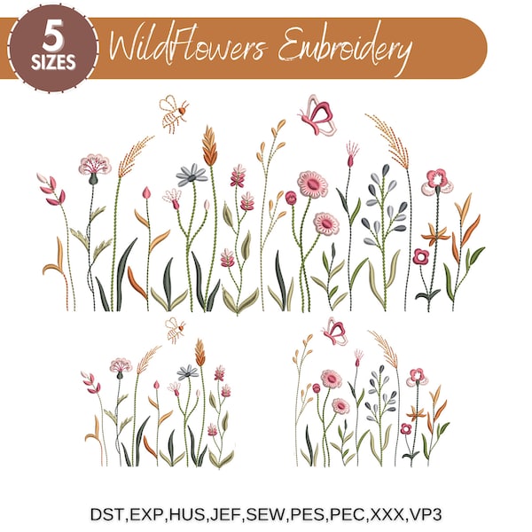 Wildflower Meadow Machine Embroidery Design, Boho Flower, Cottagecore Wild Flowers, Wildflower Embroidery Bundle, 5 Sizes, Instant Download