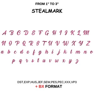 May include: A chart of the alphabet in uppercase and lowercase letters, in a pink and purple gradient. The letters are in a cursive font. The text at the top of the chart reads "FROM 1" TO 3" STEALMARK". The text at the bottom of the chart reads "DST, EXP, HUS, JEF, SEW, PES, PEC, XXX, VP3 + BX FORMAT".