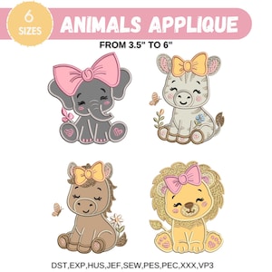 Può includere: Disegni di applicazioni con simpatici animali dei cartoni animati: un elefante, una zebra, un cavallo e un leone, ognuno con un fiocco. Il testo recita "ANIMALS APPLIQUE" e "FROM 3.5" TO 6"" con "6 SIZES" in un cerchio. Include formati di file.