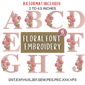 Puede incluir: Letras bordadas de la A a la J, cada una adornada con flores rosas. Las letras son de color rosa claro y miden entre 5,08 y 11,43 cm de altura. También se muestra el texto "FLORAL FONT EMBROIDERY".