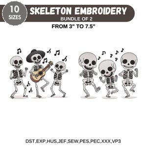 May include: Embroidery design of 5 skeletons playing music. The skeletons are wearing hats and holding musical instruments. The design is available in 10 sizes from 3 to 7.5 inches. The design is available in the following formats: DST, EXP, HUS, JEF, SEW, PES, PEC, XXX, VP3.