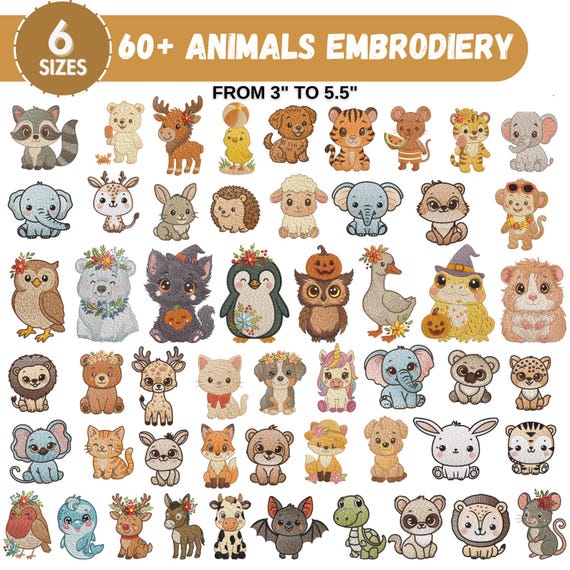 Safari Animals Embroidery Designs, Zoo Animal Machine Embroidery, Baby Girl Embroidery, Forest Animal, Farm Animal, 6 Sizes,Instant Download