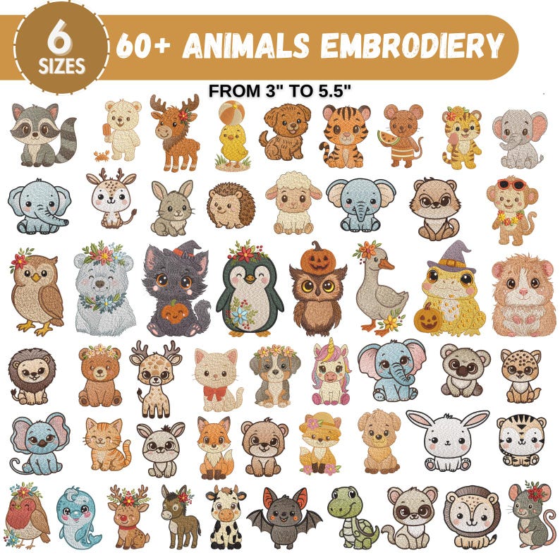 Puede incluir: Una colecci&oacute;n de m&aacute;s de 60 dise&ntilde;os de bordados de animales en varios tama&ntilde;os, de 7,6 a 14 cm. Los dise&ntilde;os incluyen un mapache, un oso, un ciervo, un perro, un tigre, un elefante, un b&uacute;ho, un gato y muchos m&aacute;s.