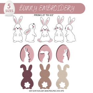 Peut inclure: Cinq motifs de broderie de lapin dans différentes poses, y compris debout, assis et à l'intérieur d'une forme d'œuf. Les motifs sont disponibles en cinq tailles, de 1,5 à 3,5 pouces. Les fichiers de broderie sont disponibles dans les formats suivants : DST, EXP, HUS, JEF, SEW, PES, PEC, XXX et VP3.