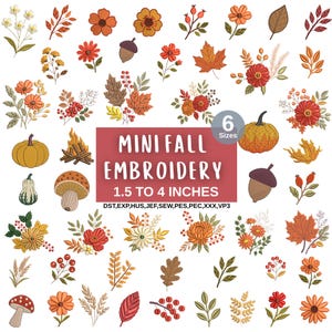 Può includere: Una collezione di ricami digitali a tema autunnale che include zucche, funghi, ghiande, foglie d'acero e composizioni floreali nei toni dell'arancione, rosso e marrone. Testo: MINI FALL EMBROIDERY 1.5 TO 4 INCHES.