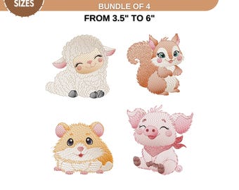 May include: A set of four embroidery designs featuring cute animals: a lamb, a squirrel, a hamster, and a pig. The designs are available in six sizes, ranging from 3.5 inches to 6 inches. The file formats included are DST, EXP, HUS, JEF, SEW, PES, PEC, XXX, and VP3.