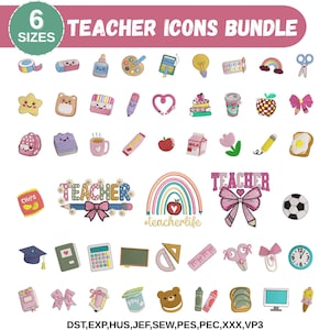 Może przedstawiać: Zbiór kolorowych ikon o tematyce nauczycielskiej, w tym ołówek, jabłko, tęcza i przybory szkolne. Tekst "TEACHER ICONS BUNDLE" jest wyświetlany u góry. Obraz zawiera również tekst "6 SIZES".