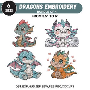かわいいベビードラゴンの機械刺繍デザイン、動物の刺繍デザイン、かわいいベビーファイアードラゴン、PES DSTなど、6サイズ、即時ダウンロード