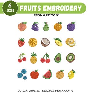 May include: A set of 20 colourful fruit embroidery designs in 6 sizes, ranging from 0.75 inches to 3 inches. The designs include a variety of fruits, such as apples, cherries, lemons, oranges, pineapples, and watermelons. The embroidery designs are perfect for adding a touch of whimsy to any project.
