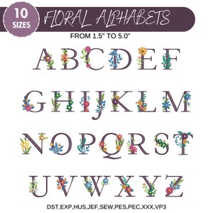Bordado de fonte floral, desenhos de bordado de máquina de alfabeto de flores completas A-Z, letras maiúsculas, PES DST etc - 10 tamanhos - download instantâneo