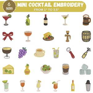 Könnte beinhalten: Mini-Cocktail-Stickmuster in verschiedenen Größen, von 2,5 cm bis 8,9 cm. Das Bild zeigt gestickte Illustrationen von Cocktailgläsern, Weinflaschen, Käse, Oliven und anderen Barartikeln. Die Designs sind im Cartoon-Stil.