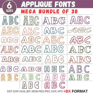 Fuente de bordado de apliques, alfabeto de apliques, diseño de bordado a máquina, formato BX, fuente PES del alfabeto, mayúsculas, 6 tamaños: descarga instantánea
