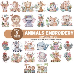 Safari Animals Embroidery Designs, Zoo Animal Machine Embroidery, Baby Girl Embroidery, Forest Animal, Farm Animal, 8 Sizes,Instant Download