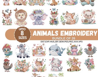 Safari Animals Embroidery Designs, Zoo Animal Machine Embroidery, Baby Girl Embroidery, Forest Animal, Farm Animal, 8 Sizes,Instant Download