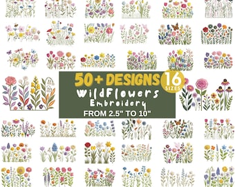 Könnte beinhalten: Eine Sammlung farbenfroher Wildblumen-Stickmuster. Das Bild zeigt verschiedene Blumenmuster mit dem Text "50+ Designs" und Größen von 6,35 cm bis 25,4 cm. Die Designs zeigen eine Vielzahl von Blumen, Schmetterlingen und Insekten.