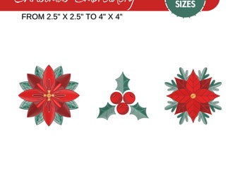 Weihnachts-Poinsettia Stickdatei, rote Weihnachtsblume, Mini-Poinsettia, Weihnachtsblume Stickerei, 6 Größen, Instant Download