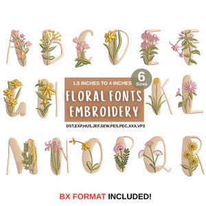 Botanical Floral Alphabet Embroidery Font, A-Z Wildflower Letter Machine Designs BX Format, 6 Sizes, PES DST VP3 Instant Download