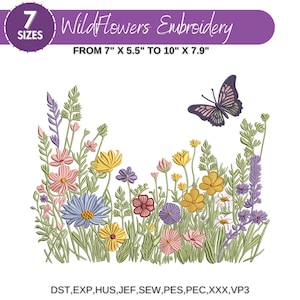 Wildflower Meadow Machine Embroidery Design, Boho Flower, Butterfly Wild Flowers, Wildflower Embroidery Bundle, 7 Sizes, Instant Download