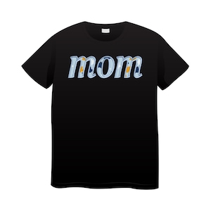 May include: Black t-shirt with the word "mom" printed in blue and yellow letters.