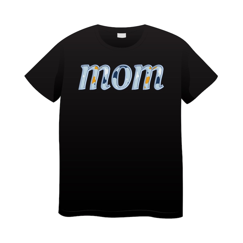 May include: Black t-shirt with the word "mom" printed in blue and yellow letters.