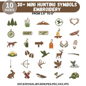 May include: A collection of over 30 mini hunting symbols for embroidery, including trees, a compass, a dog, a deer, a bow and arrow, and a hunting knife. The sizes range from 1.5 to 6 inches.
