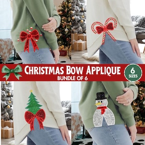 May include: A set of six Christmas bow applique designs for embroidery. The designs include a red bow with candy canes, a red bow with a Christmas tree, a red bow with candy canes, a snowman, a red bow with a Christmas tree, and a red bow with candy canes. The designs are available in six sizes.