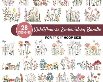 May include: A set of 28 embroidery designs featuring colorful wildflowers, mushrooms, and other nature-inspired elements. The designs are perfect for 4-inch by 4-inch embroidery hoops. The file formats included are DST, EXP, HUS, JEF, SEW, PES, PEC, XXX, and VP3.