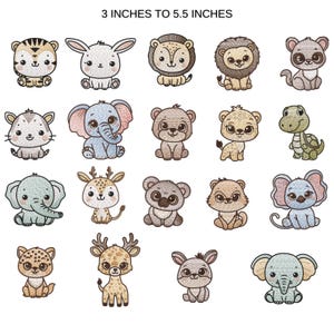 Puede incluir: Una colecci&oacute;n de dise&ntilde;os de animales bordados, incluyendo un tigre, un conejo, un le&oacute;n, un panda, un elefante, un oso, un ciervo, un koala y una tortuga. Los dise&ntilde;os miden entre 7,6 y 14 cm. Cada animal est&aacute; representado en un estilo de dibujos animados.