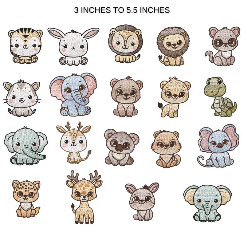 Puede incluir: Una colecci&oacute;n de dise&ntilde;os de animales bordados, incluyendo un tigre, un conejo, un le&oacute;n, un panda, un elefante, un oso, un ciervo, un koala y una tortuga. Los dise&ntilde;os miden entre 7,6 y 14 cm. Cada animal est&aacute; representado en un estilo de dibujos animados.