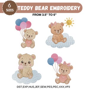 Op de afbeelding: Teddybeer borduurontwerpen in zes maten, variërend van 8,89 cm tot 15,24 cm. De afbeelding toont vier teddyberen met accessoires zoals ballonnen, een strik, een ijsje en een zon. De ontwerpen gebruiken bruin, roze, blauw en geel.