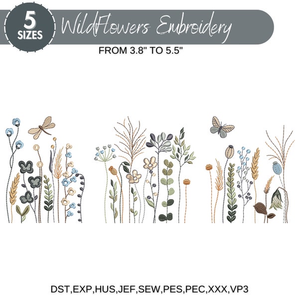 Wildflower Meadow Machine Embroidery Design, Wild Flowers Meadow, Boho Floral, Wildflower Embroidery Bundle, 5 Sizes, Instant Download