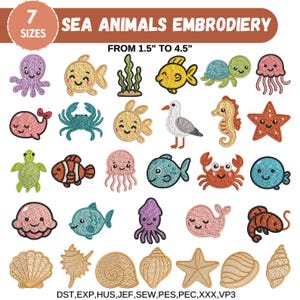 Sea Embroidery Machine Designs, Cute baby Sea Animals, Sea Shells, Sea Flowers, Ocean Animals, Beach Embroidery, 7 Sizes, Instant Download
