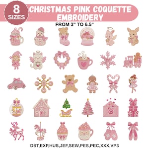Op de afbeelding: Roze kerstborduurmotieven in diverse maten, van 7,6 cm tot 16,5 cm. De afbeelding toont feestelijke ontwerpen, waaronder een sneeuwpop, teddybeer, engel, sneeuwvlok en kerstman, allemaal in coquette stijl.