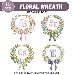 Peut inclure: Quatre motifs de couronnes florales avec le texte "FLORAL WREATH" et "FROM 3.5" TO 8". Chaque couronne présente une lettre, un nœud et des détails floraux et de feuilles. Les motifs sont disponibles en 10 tailles.