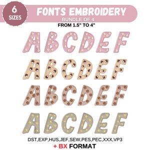 May include: A set of four embroidery font designs featuring the letters A, B, C, D, and E. Each font is decorated with a different pattern: popcorn, cupcakes, cookies, and stars. The fonts are available in six sizes, from 1.5 inches to 4 inches. The image also includes the text "FONTS EMBROIDERY" and "BUNDLE OF 4".