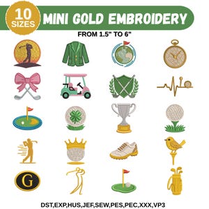 May include: A selection of mini gold embroidery designs featuring golf-related motifs, including a golf cart, golf ball, trophy, and a golf course. The designs range from 3.8 cm to 15.2 cm. The text "MINI GOLD EMBROIDERY" is displayed.