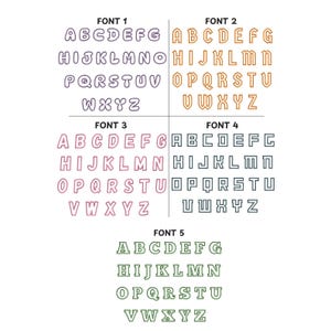 May include: Five different font styles are displayed in a grid. Each font style shows the alphabet in uppercase letters. The fonts are in different colors, including pink, green, orange, and blue.