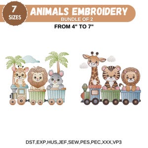 May include: Embroidered design of a train with animal passengers. The train is blue and brown with yellow wheels. The animals are a giraffe, lion, tiger, and mouse. The design is available in 7 sizes from 4 to 7 inches. The text "Animals Embroidery Bundle of 2 From 4" to 7" DST, EXP, HUS, JEF, SEW, PES, PEC, XXX, VP3" is at the bottom of the image.