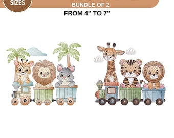 Safari Animals On Train Embroidery Designs, Zoo Animal Machine Embroidery, Baby Girl Embroidery, Forest Animal 7 Sizes,Instant Download