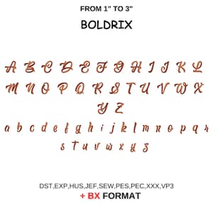 May include: A set of uppercase and lowercase letters in a cursive font. The letters are a copper color and are arranged in alphabetical order. The text "FROM 1" TO 3" and "BOLDRIX" is at the top of the image. The text "DST, EXP, HUS, JEF, SEW, PES, PEC, XXX, VP3 + BX FORMAT" is at the bottom of the image.