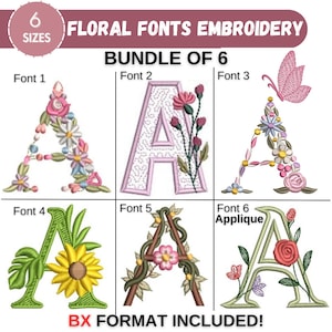 Bordado de fonte floral, desenhos de bordado de máquina de alfabeto de flores completas de A a Z, letras maiúsculas, fonte BX, PES DST -6 tamanhos - Download instantâneo