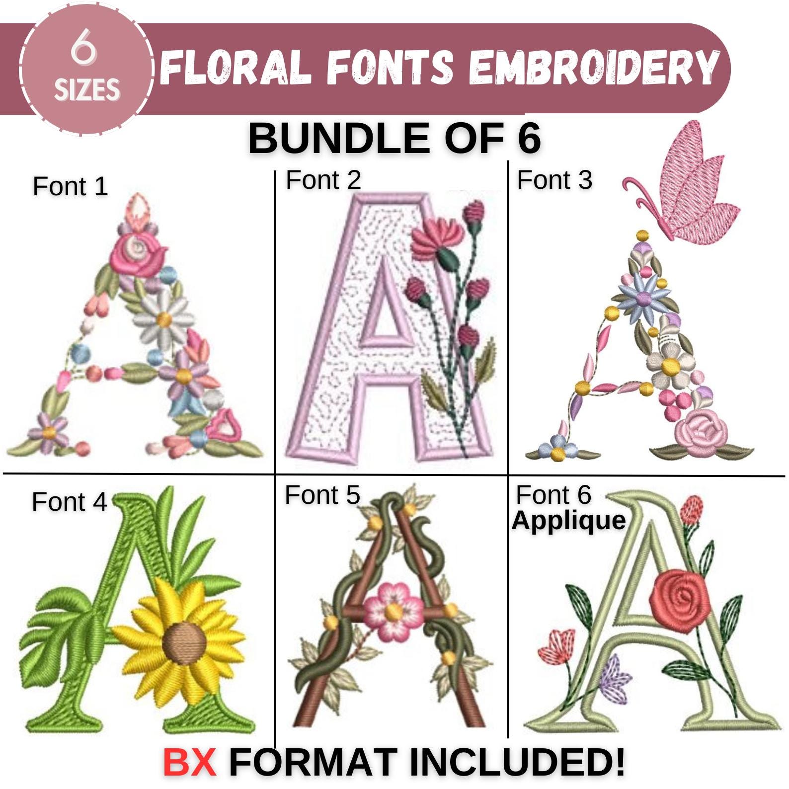 Floral Font Embroidery, A-Z Full Flower Alphabet Machine Embroidery Designs, Uppercase Letters, BX font, PES DST -6 sizes - Instant Download