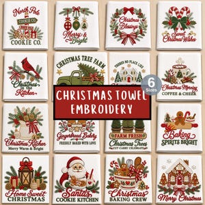 May include: A collection of sixteen white kitchen towels featuring various embroidered Christmas designs, including a gingerbread house, Santa Claus, a green truck, wreaths, and holiday text. Each towel displays festive motifs and seasonal phrases.
