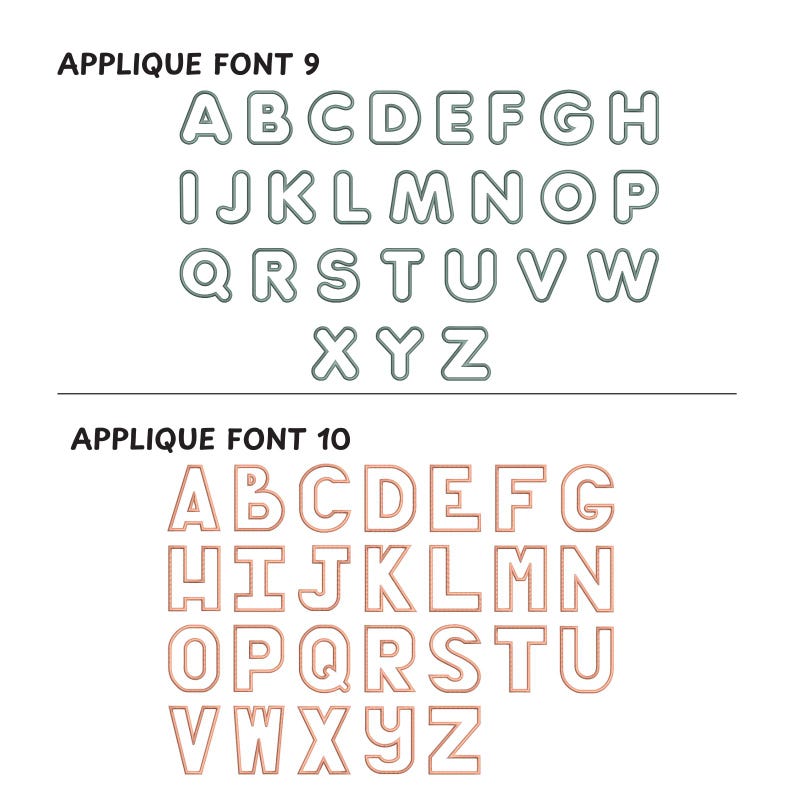 May include: Two sets of uppercase letters in a blocky font style. The first set is in a light blue colour and says "Applique Font 9". The second set is in a light orange colour and says "Applique Font 10".