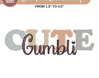 May include: Embroidery design for a "Cute Gumbli" text in a duo font style. The letters are in pastel colors, with a heart symbol in the "Gumbli" text. The design is available in 6 sizes, from 1.5 to 4 inches. The file formats included are DST, EXP, HUS, JEF, SEW, PES, PEC, XXX, and VP3.