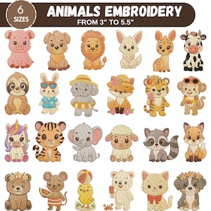 Safari Animals Embroidery Designs, Zoo Animal Machine Embroidery, Baby Girl Embroidery, Forest Animal, Farm Animal, 6 Sizes,Instant Download